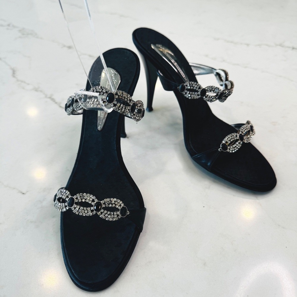 Giuseppe Zanotti Vicini Women 7 B Black Leather Rhinestone Stiletto Sandal Italy